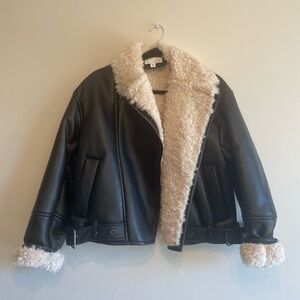 H&M Black Leather Jacket Plush Cream Shearling Oversized